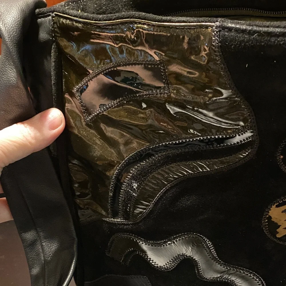 Black leather black suede and black patent Patchwork Shoulder Bag - Picture 2 of 14